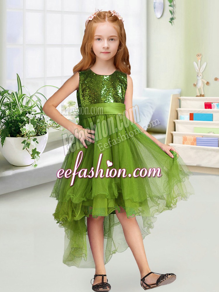 Popular High Low Zipper Toddler Flower Girl Dress Olive Green for Wedding Party with Sequins and Bowknot