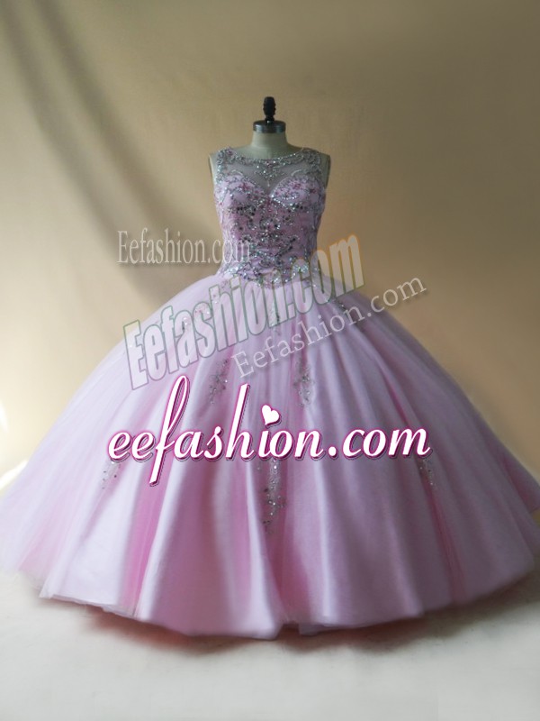 Sweet Floor Length Baby Pink Quinceanera Dress Scoop Sleeveless Lace Up