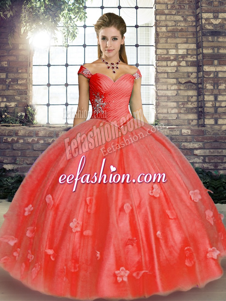 Graceful Floor Length Watermelon Red Sweet 16 Dresses Off The Shoulder Sleeveless Lace Up