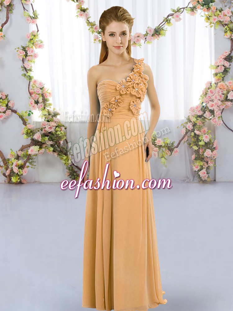 Customized Sleeveless Floor Length Hand Made Flower Lace Up Court Dresses for Sweet 16 with Gold