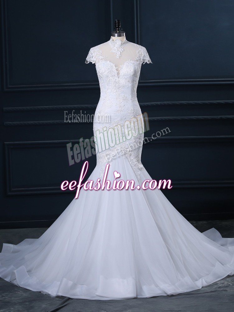  White Mermaid Lace Wedding Gowns Clasp Handle Tulle Cap Sleeves