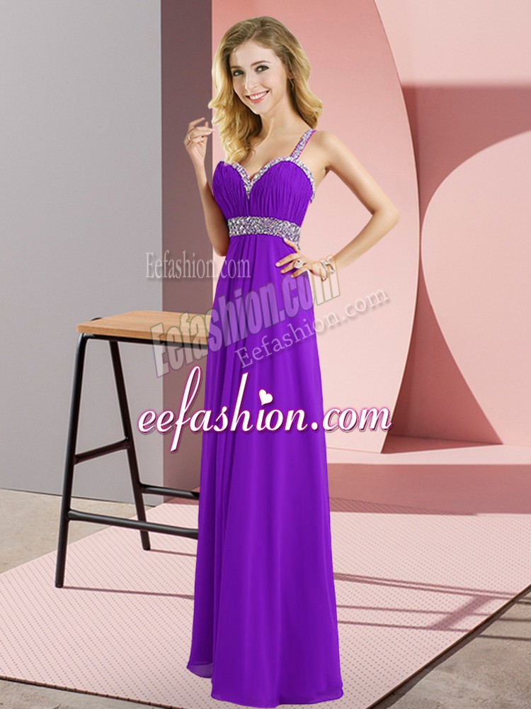  Floor Length Criss Cross Prom Gown Purple for Prom and Party with Beading