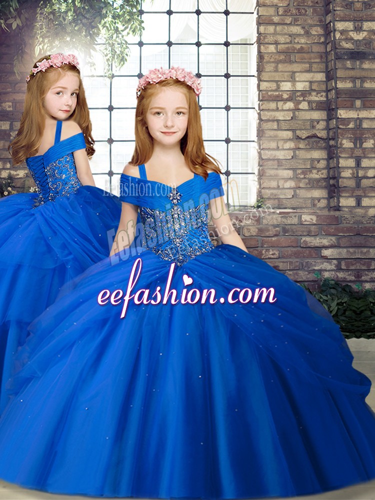  Royal Blue Sleeveless Floor Length Beading Lace Up Little Girls Pageant Gowns