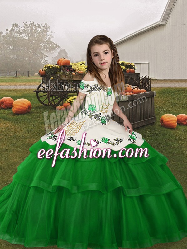 Popular Green Straps Neckline Embroidery and Ruffled Layers Little Girl Pageant Dress Sleeveless Lace Up
