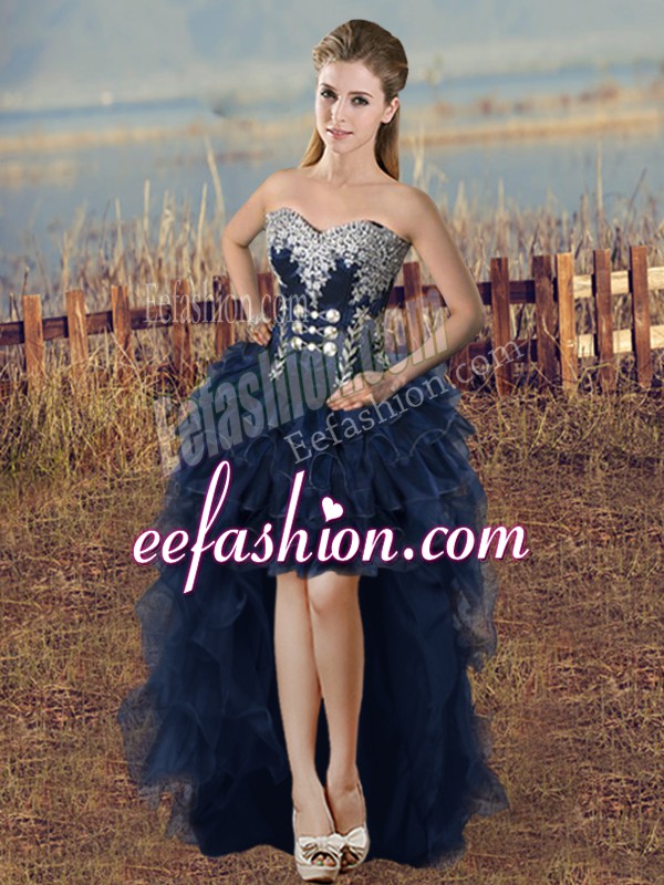 Gorgeous High Low Lace Up Navy Blue for Prom and Party and Military Ball with Beading and Ruffled Layers