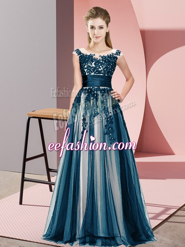 Nice Navy Blue Sleeveless Floor Length Beading and Lace Zipper Quinceanera Court Dresses