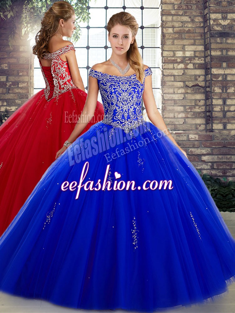 Lovely Sleeveless Floor Length Beading Lace Up Quinceanera Dresses with Royal Blue