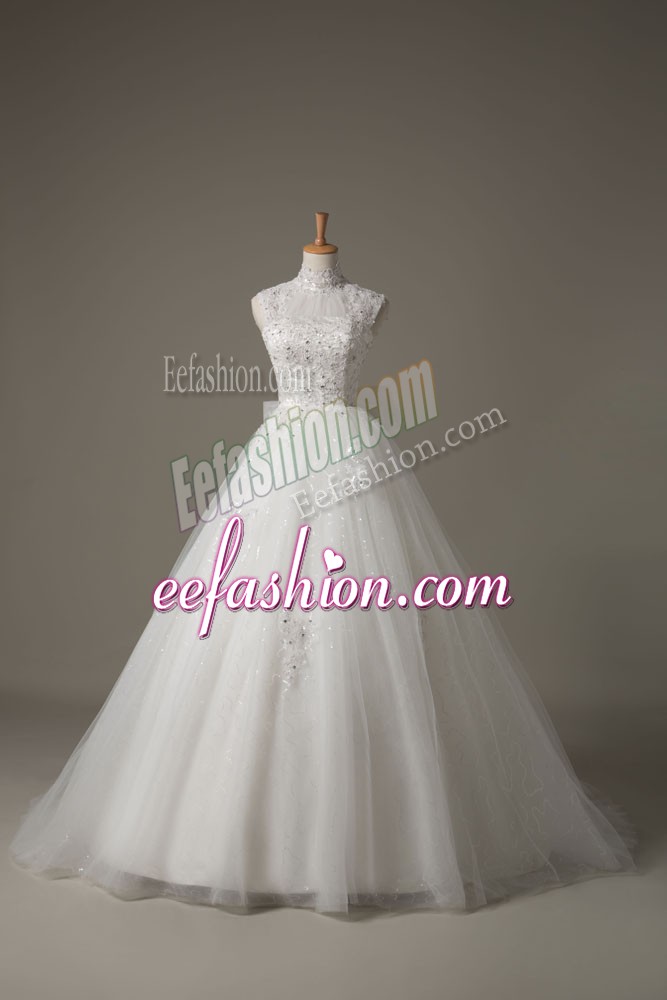  Sleeveless Brush Train Lace Up Beading and Lace and Bowknot Wedding Gowns