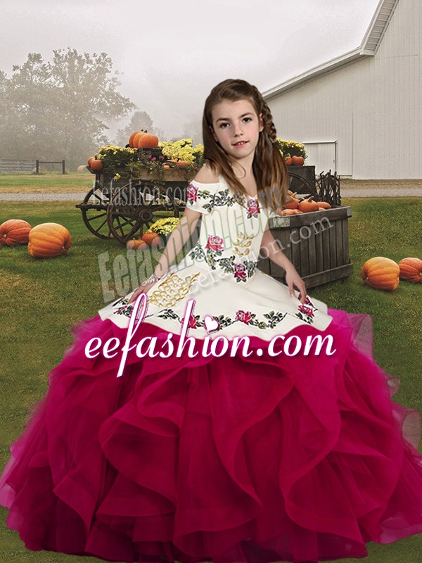  Embroidery and Ruffles Pageant Gowns For Girls Fuchsia Lace Up Sleeveless Floor Length