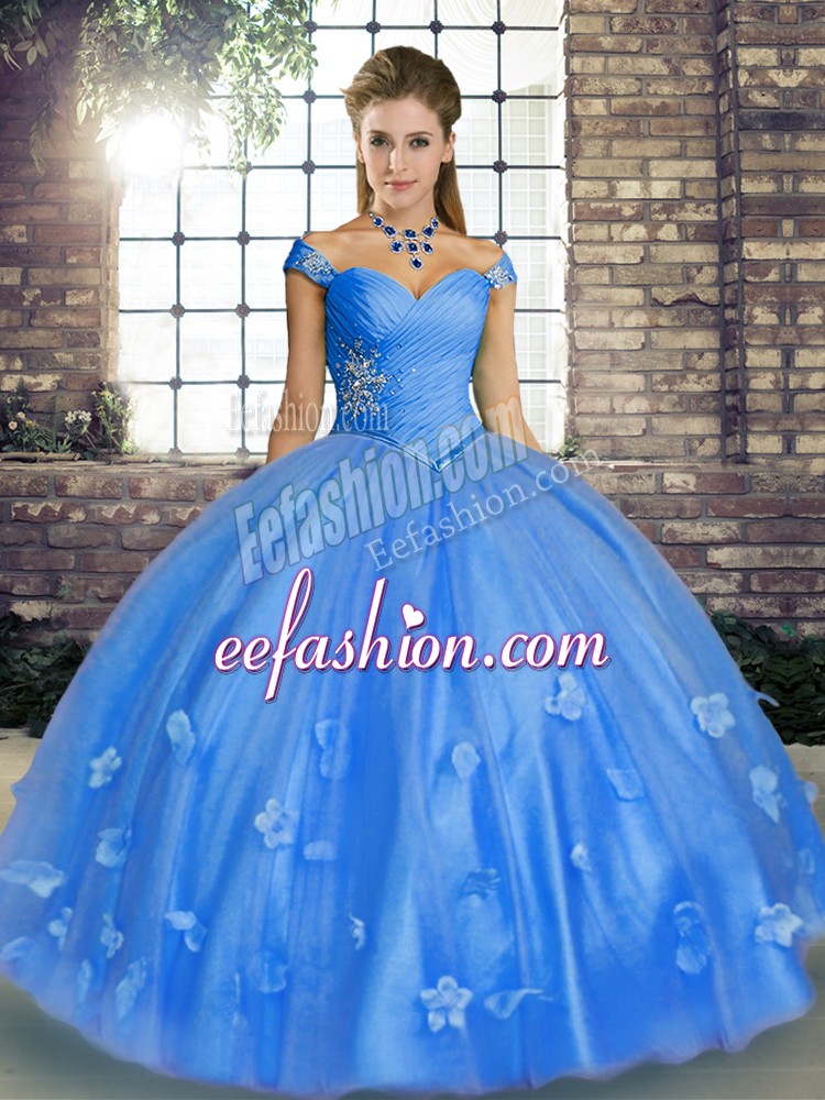 Fashionable Tulle Off The Shoulder Sleeveless Lace Up Beading and Appliques Quinceanera Gowns in Baby Blue