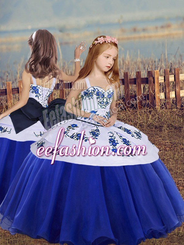  Floor Length Blue Kids Pageant Dress Organza Sleeveless Embroidery