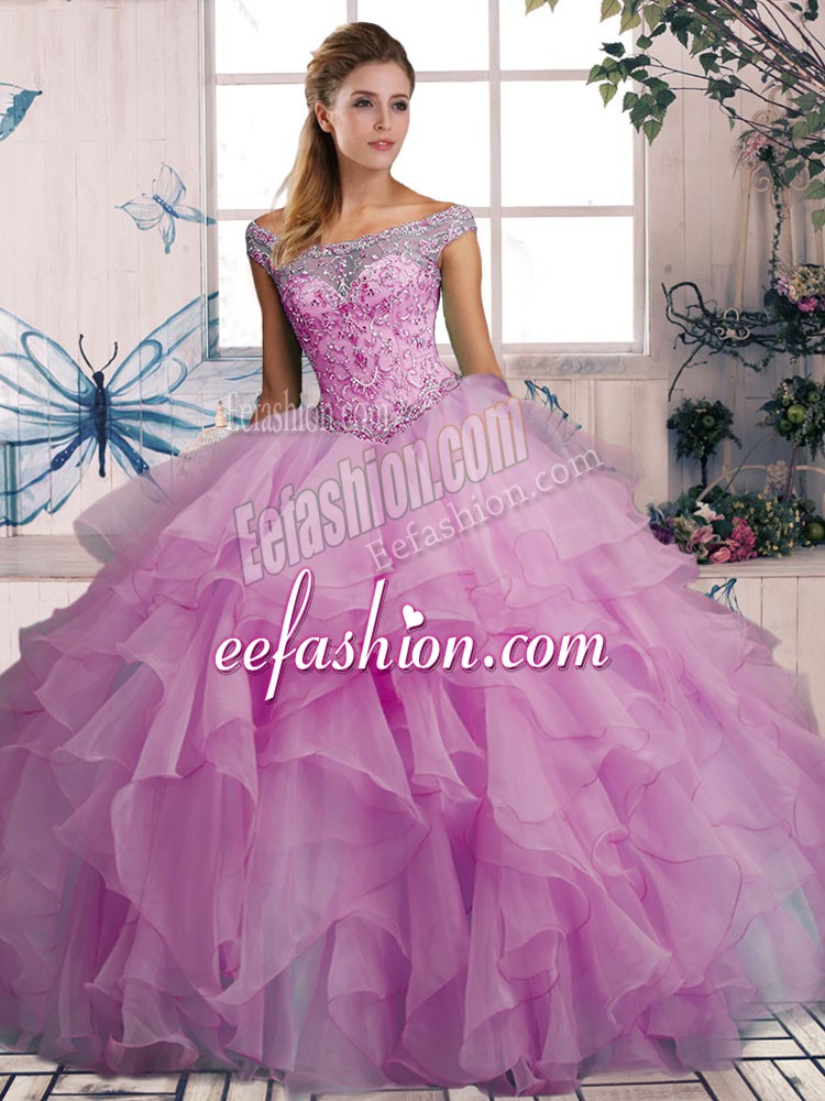  Lilac Organza Lace Up 15 Quinceanera Dress Sleeveless Floor Length Beading and Ruffles