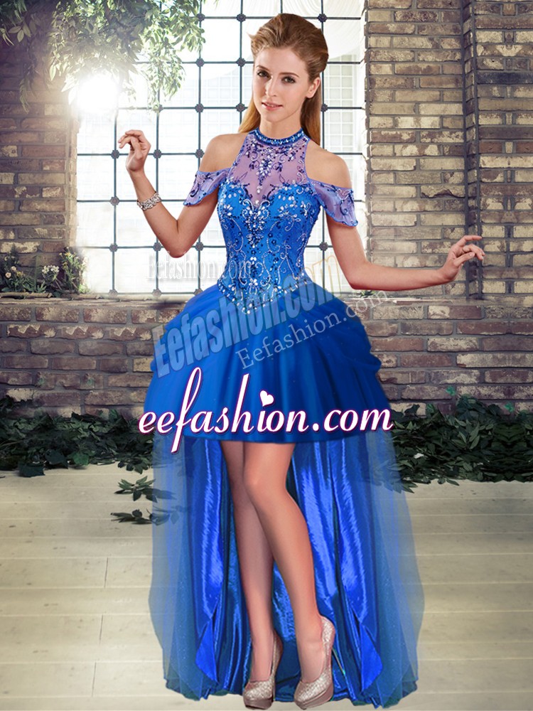 Discount Royal Blue Prom and Party with Beading Halter Top Sleeveless Lace Up