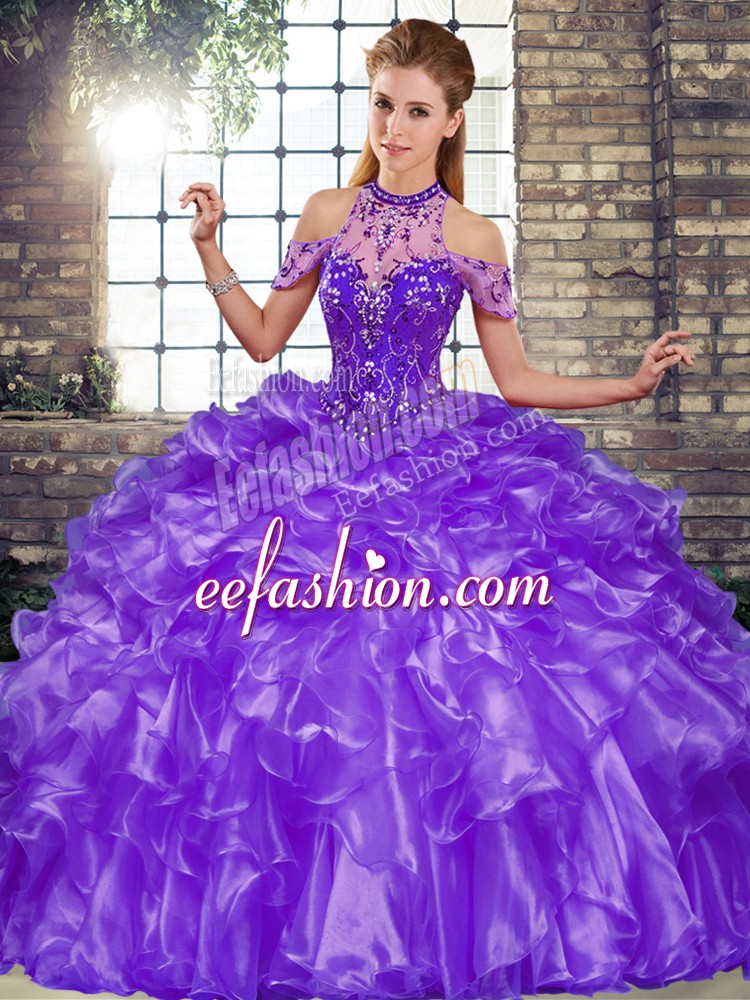 Dramatic Floor Length Lace Up Quinceanera Dresses Purple for Military Ball and Sweet 16 and Quinceanera with Beading and Ruffles
