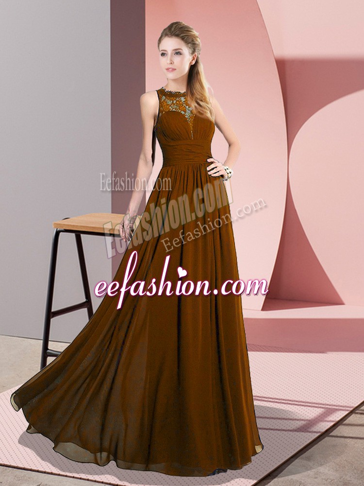  Brown Empire Lace Homecoming Dress Zipper Chiffon Sleeveless Floor Length