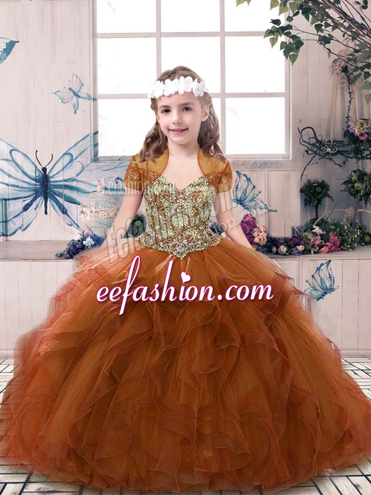  Tulle Straps Sleeveless Lace Up Beading and Ruffles Kids Pageant Dress in Rust Red