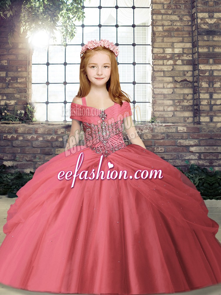  Ball Gowns Little Girls Pageant Dress Watermelon Red Straps Tulle Sleeveless Floor Length Lace Up