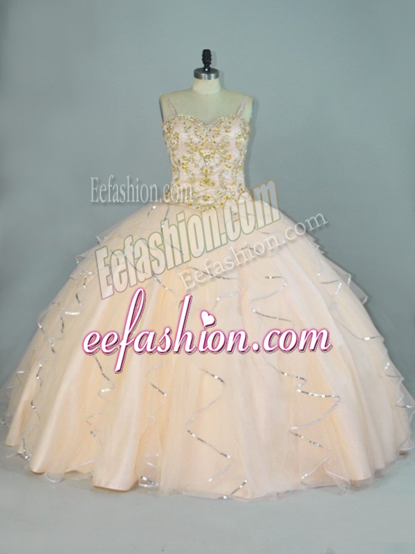 Pretty Champagne Tulle Lace Up Sweet 16 Dress Sleeveless Floor Length Beading and Ruffles