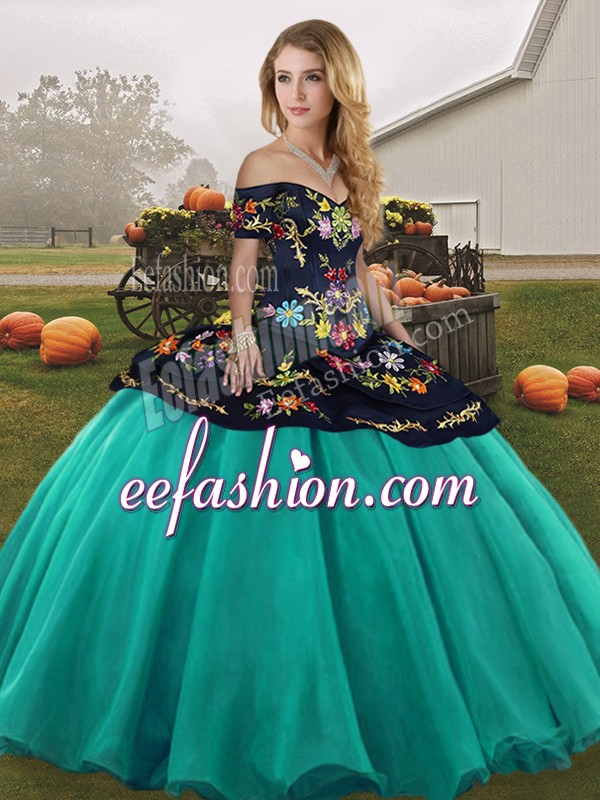 Beauteous Embroidery Sweet 16 Dress Turquoise Lace Up Sleeveless Floor Length