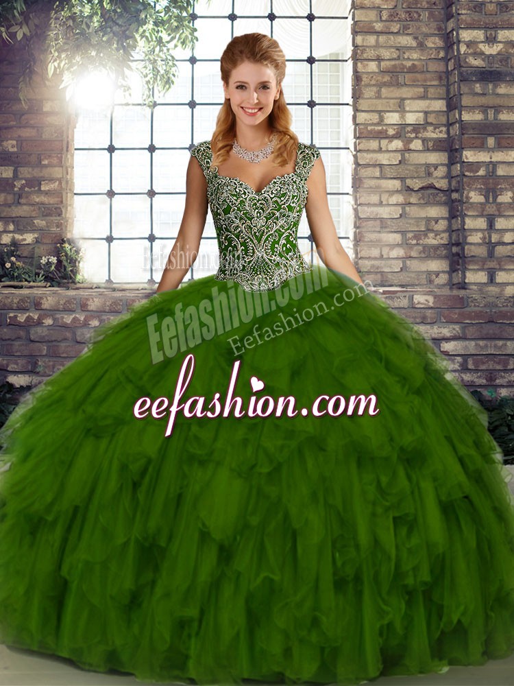  Straps Sleeveless Quinceanera Gown Floor Length Beading and Ruffles Olive Green Organza