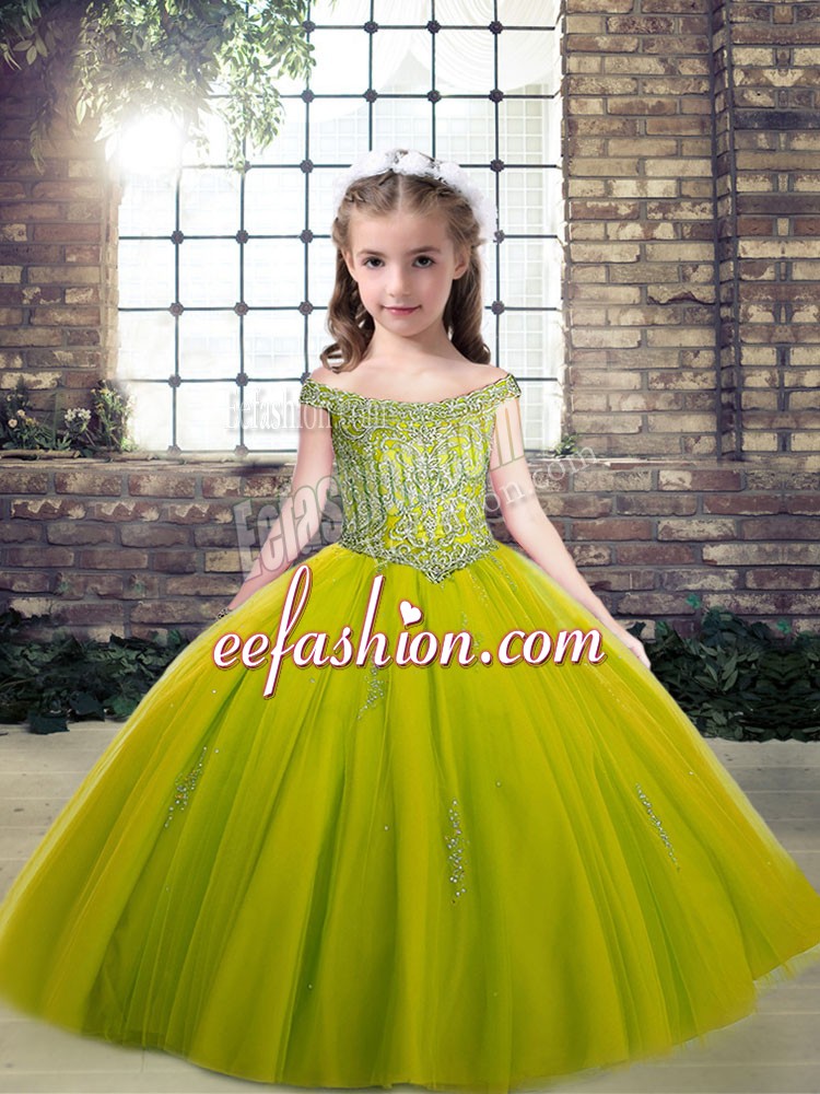 Superior Floor Length Lace Up Little Girls Pageant Dress Wholesale Olive Green for Party and Sweet 16 and Quinceanera with Beading and Appliques