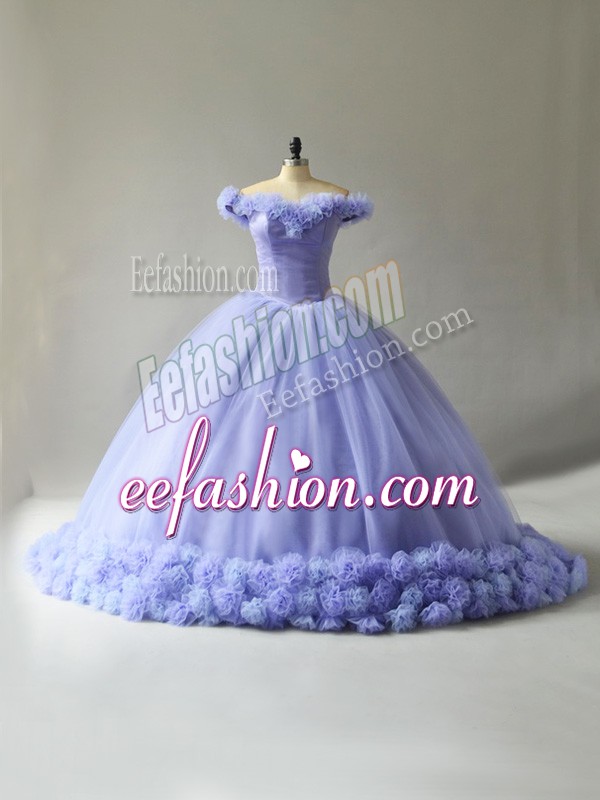 Graceful Lavender Tulle Lace Up Off The Shoulder Sleeveless Sweet 16 Dresses Court Train Hand Made Flower