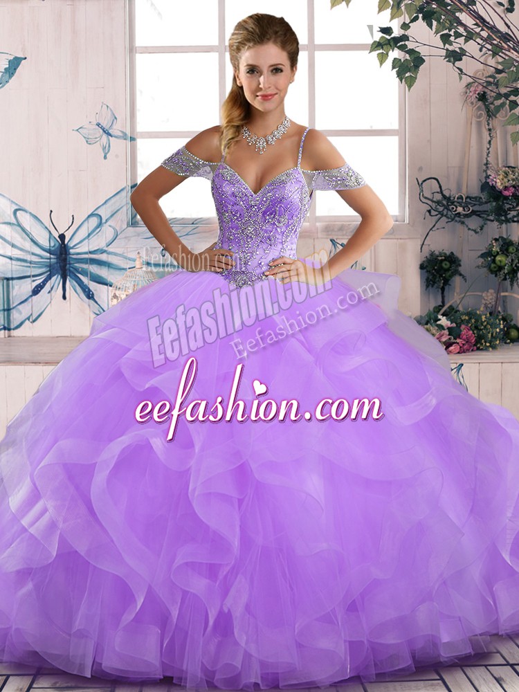 Popular Off The Shoulder Sleeveless Lace Up Quinceanera Dress Lavender Tulle