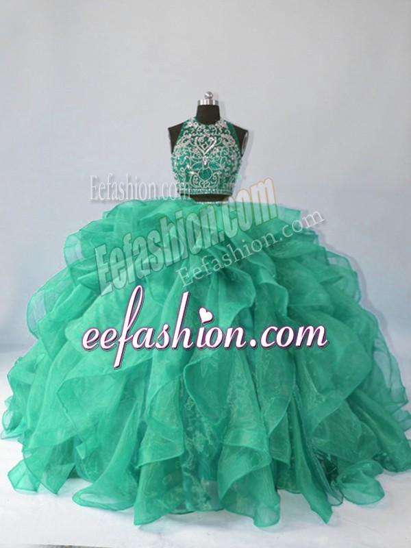  Beading and Ruffles Sweet 16 Dresses Turquoise Backless Sleeveless Brush Train