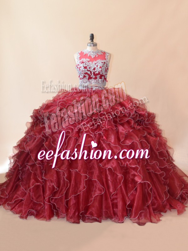  Organza Scoop Sleeveless Brush Train Zipper Beading and Lace and Appliques Sweet 16 Quinceanera Dress in Red