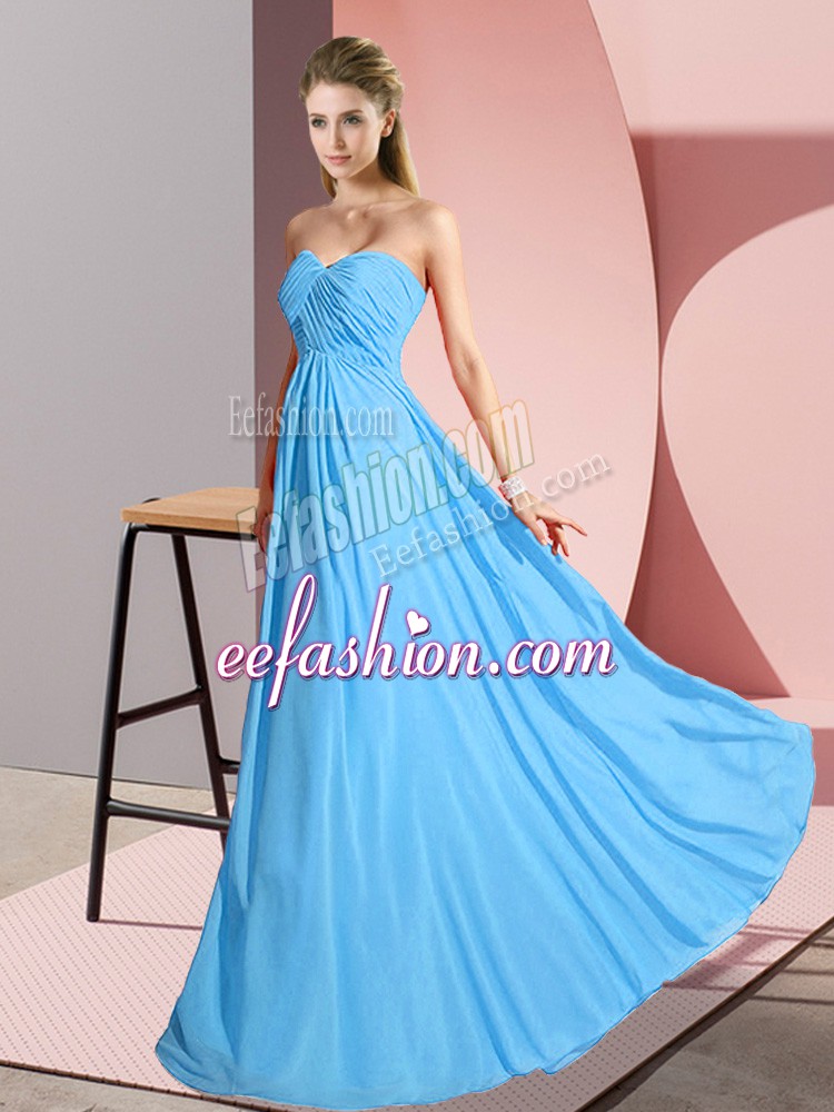 Excellent Floor Length Baby Blue Prom Dresses Chiffon Sleeveless Ruching