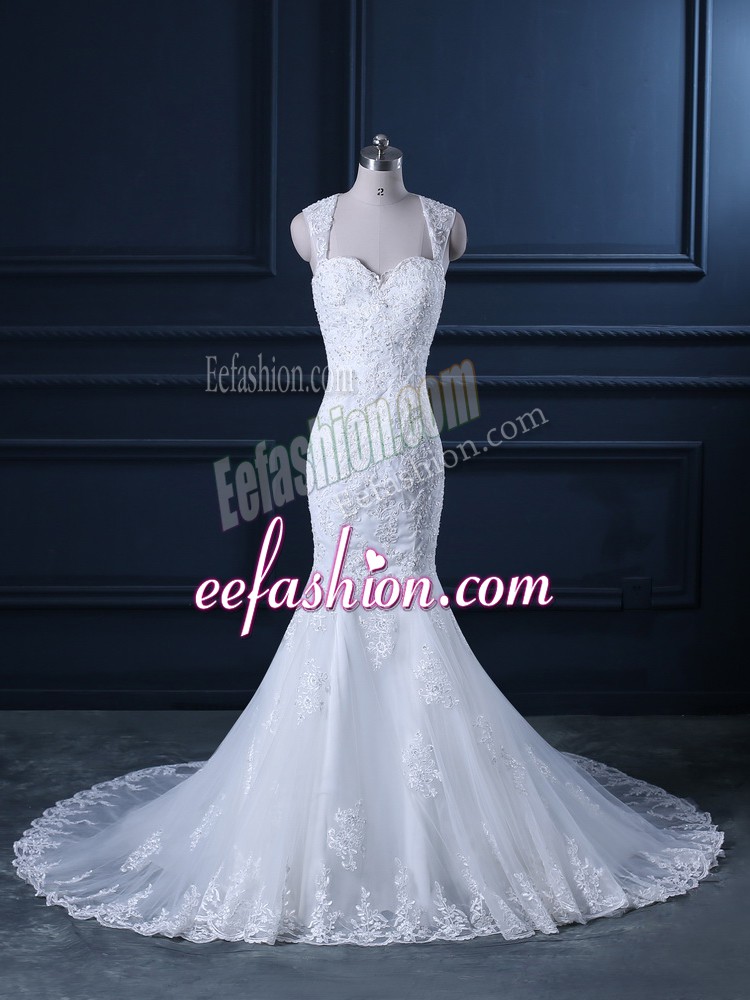 Fabulous White Backless Straps Beading and Lace Bridal Gown Tulle Sleeveless Brush Train