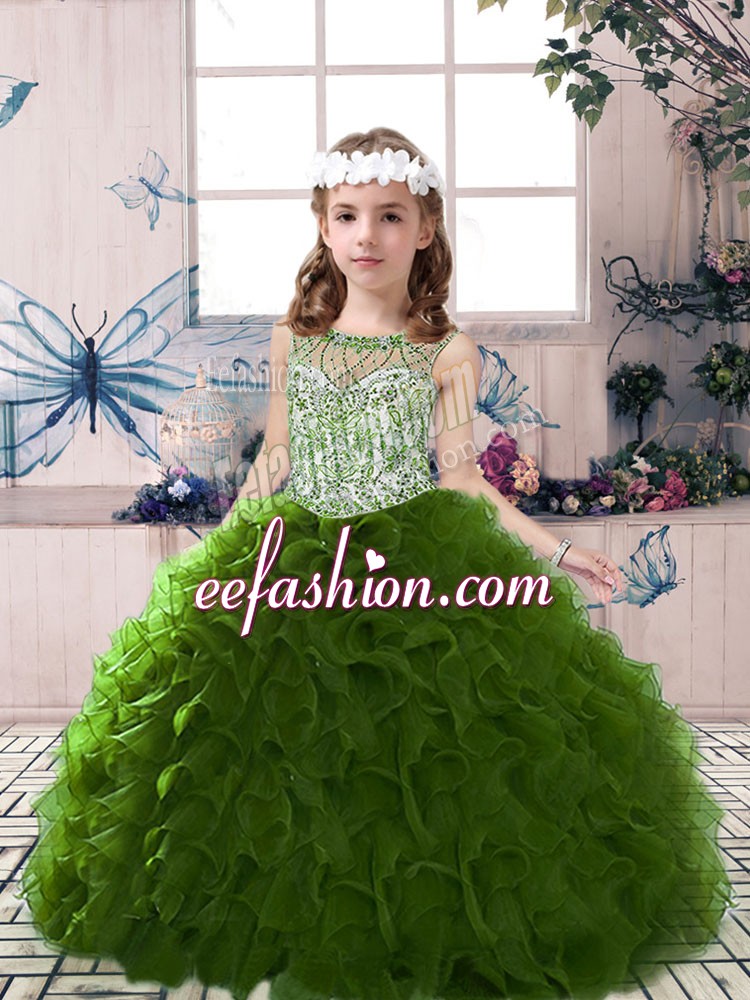 Customized Olive Green Kids Formal Wear Party and Wedding Party with Beading and Ruffles Scoop Sleeveless Lace Up