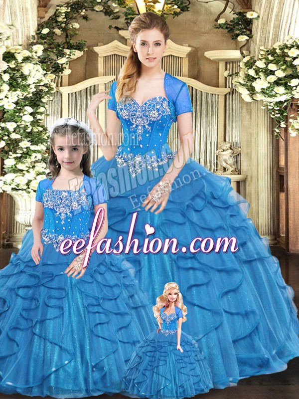  Blue Sweetheart Lace Up Beading and Ruffles Quinceanera Gown Sleeveless