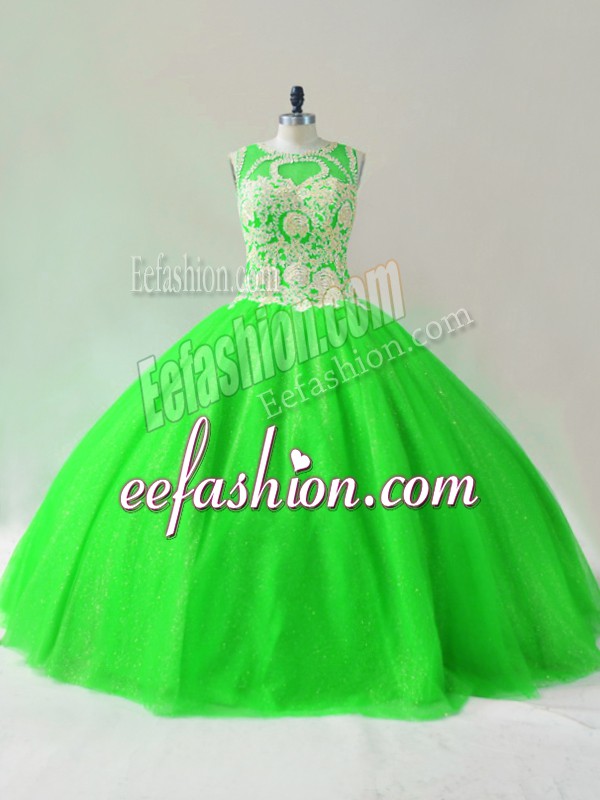 Stunning Floor Length Lace Up 15th Birthday Dress Green for Sweet 16 and Quinceanera with Beading
