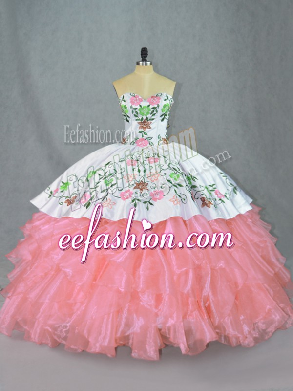  Sweetheart Sleeveless Sweet 16 Dress Floor Length Embroidery and Ruffles Pink Organza