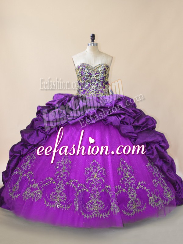 Artistic Purple Ball Gowns Sweetheart Sleeveless Taffeta and Tulle Brush Train Lace Up Beading and Pick Ups Quince Ball Gowns