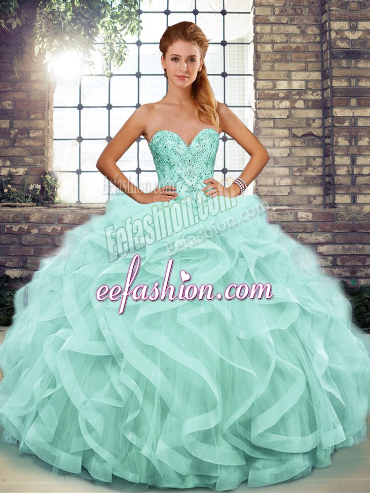  Apple Green Ball Gowns Sweetheart Sleeveless Tulle Floor Length Lace Up Beading and Ruffles Quinceanera Dresses