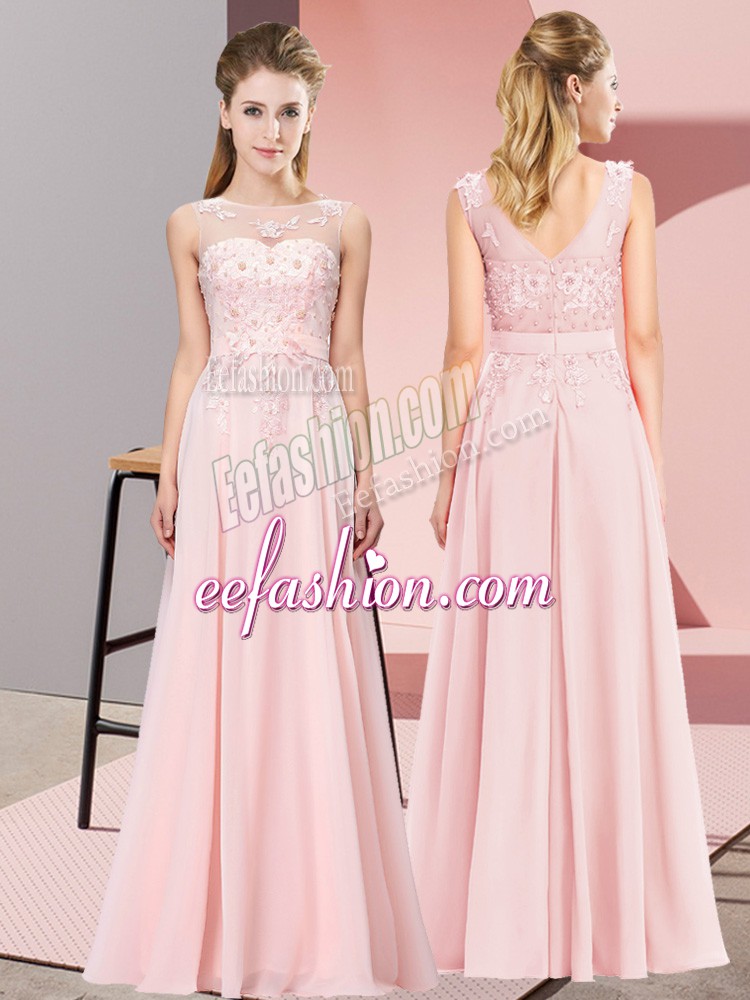 Dynamic Floor Length Zipper Damas Dress Baby Pink for Wedding Party with Beading and Appliques