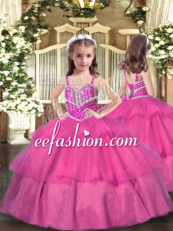 Elegant Lilac Lace Up Kids Pageant Dress Beading and Ruffled Layers Sleeveless Floor Length
