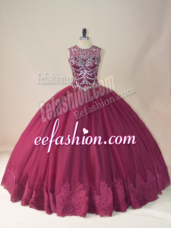 Hot Sale Burgundy Scoop Neckline Beading and Appliques Quinceanera Gowns Long Sleeves Lace Up