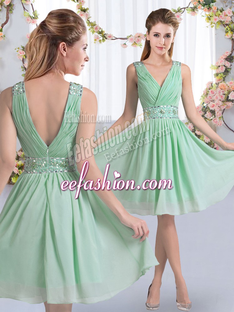Designer Chiffon V-neck Sleeveless Zipper Beading Quinceanera Court of Honor Dress in Apple Green