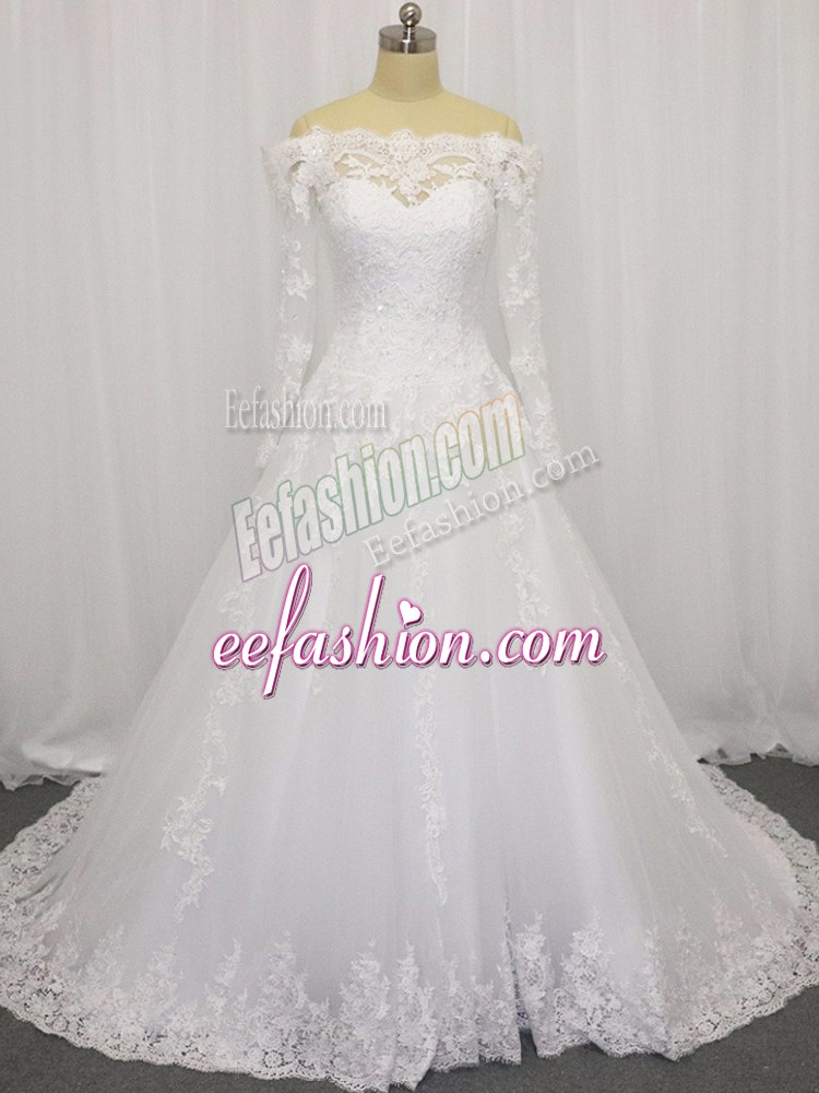 White Clasp Handle Wedding Gown Beading and Lace Long Sleeves Brush Train