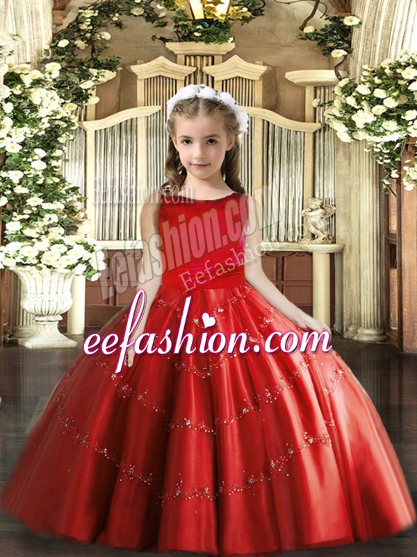  Red Lace Up Little Girls Pageant Dress Wholesale Beading Sleeveless Floor Length