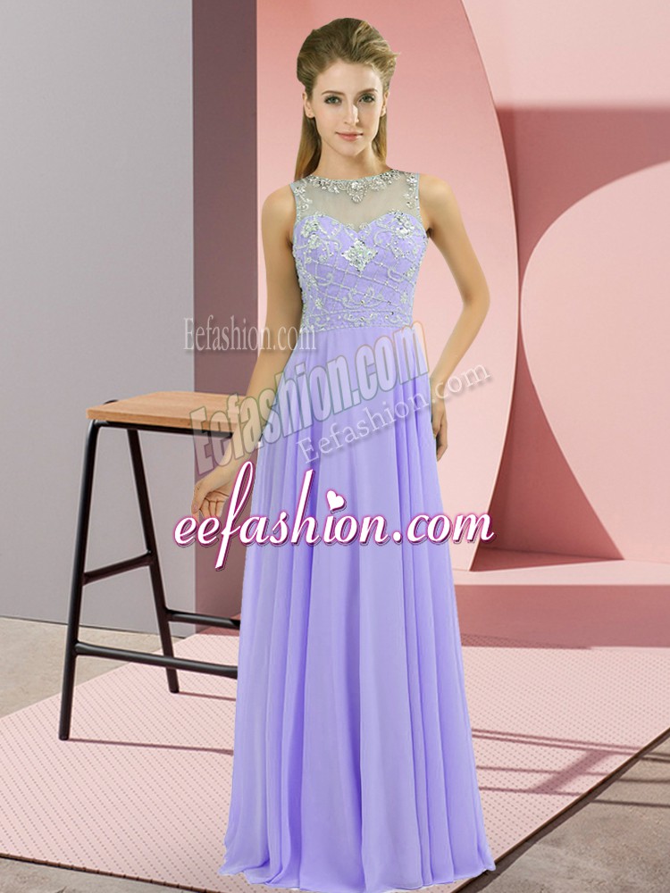  Lavender Empire Beading Prom Dress Zipper Chiffon Sleeveless Floor Length