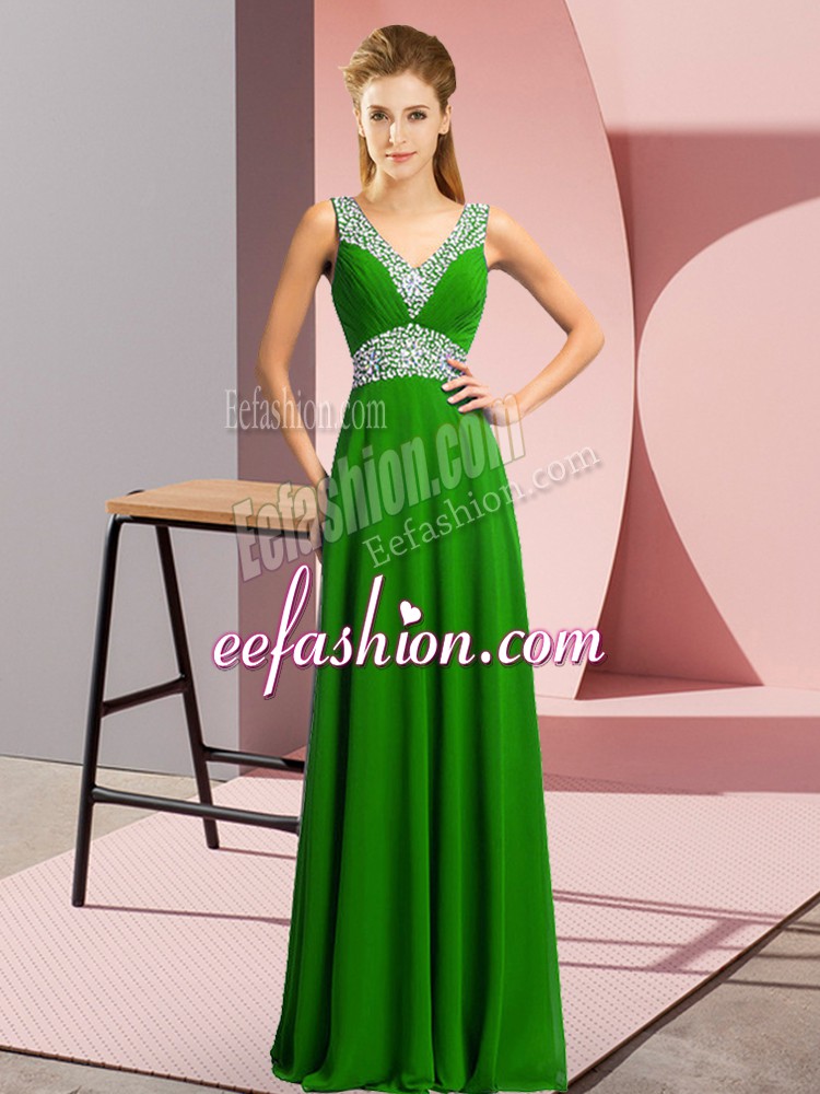  V-neck Sleeveless Homecoming Dress Floor Length Beading Green Chiffon