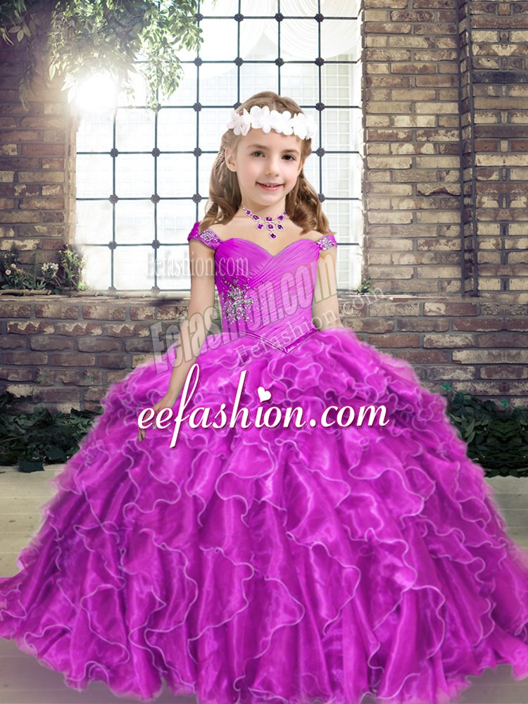 Perfect Straps Sleeveless Child Pageant Dress Floor Length Beading and Ruffles Fuchsia Organza