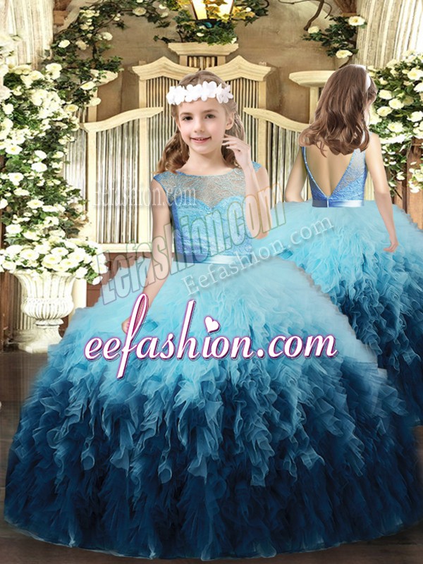  Multi-color Tulle Backless Scoop Sleeveless Floor Length Little Girl Pageant Gowns Ruffles