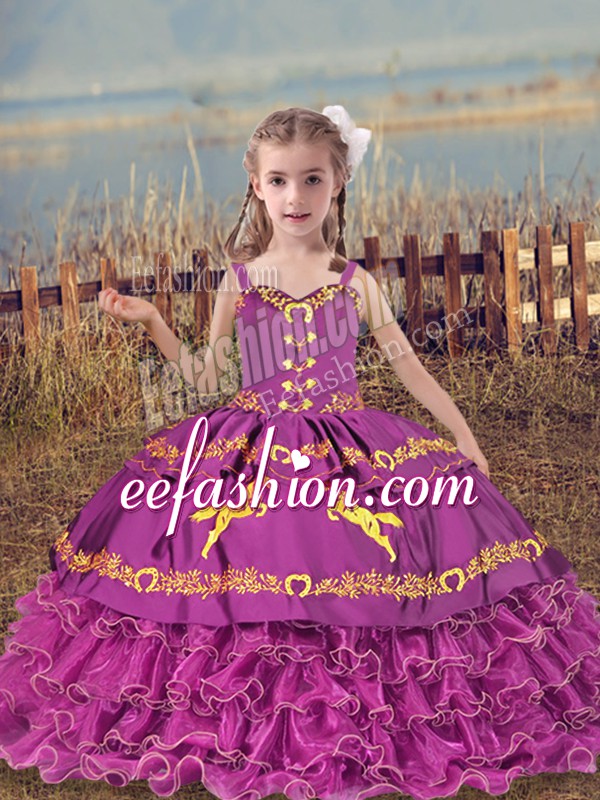 Beautiful Floor Length Fuchsia Kids Formal Wear Straps Sleeveless Lace Up