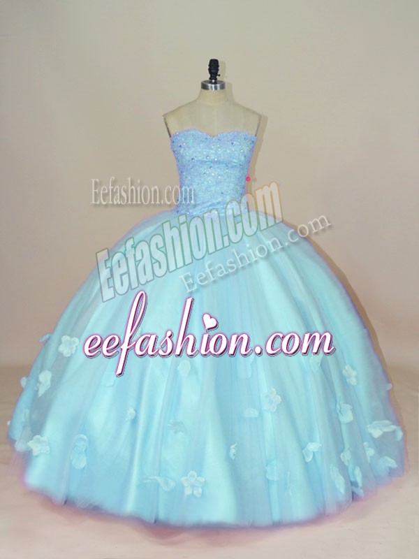 Adorable Tulle Sweetheart Sleeveless Lace Up Beading and Hand Made Flower Sweet 16 Dress in Aqua Blue