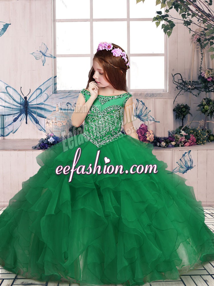 Cute Green Zipper Little Girls Pageant Dress Beading and Ruffles Sleeveless Floor Length
